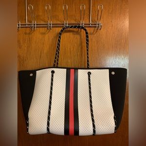 New without tags Large Neoprene Tote White/Black/Red Stripe